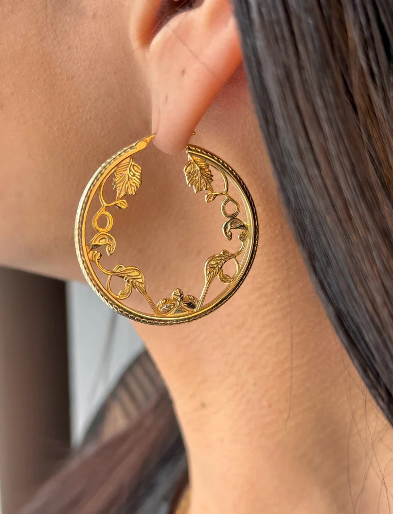 Vintage-Style Filigree Vine Hoop Earrings - SS925 14K Gold Vermeil - Free shipping - 1