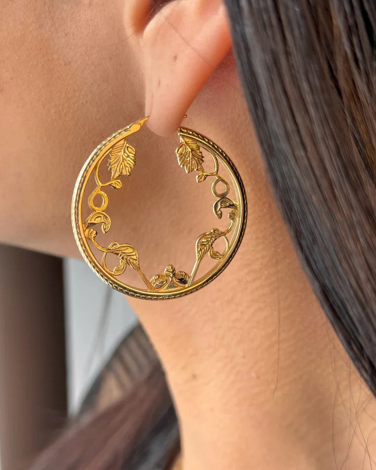 Vintage-Style Filigree Vine Hoop Earrings - SS925 14K Gold Vermeil - Free shipping - 1