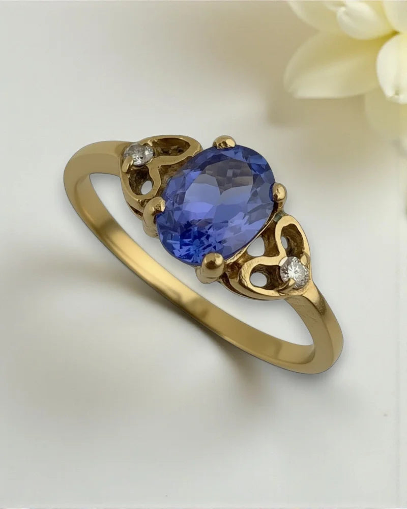 Vintage Tanzanite & Diamond Ring with Heart Gallery - 10K Gold - Free shipping - 6