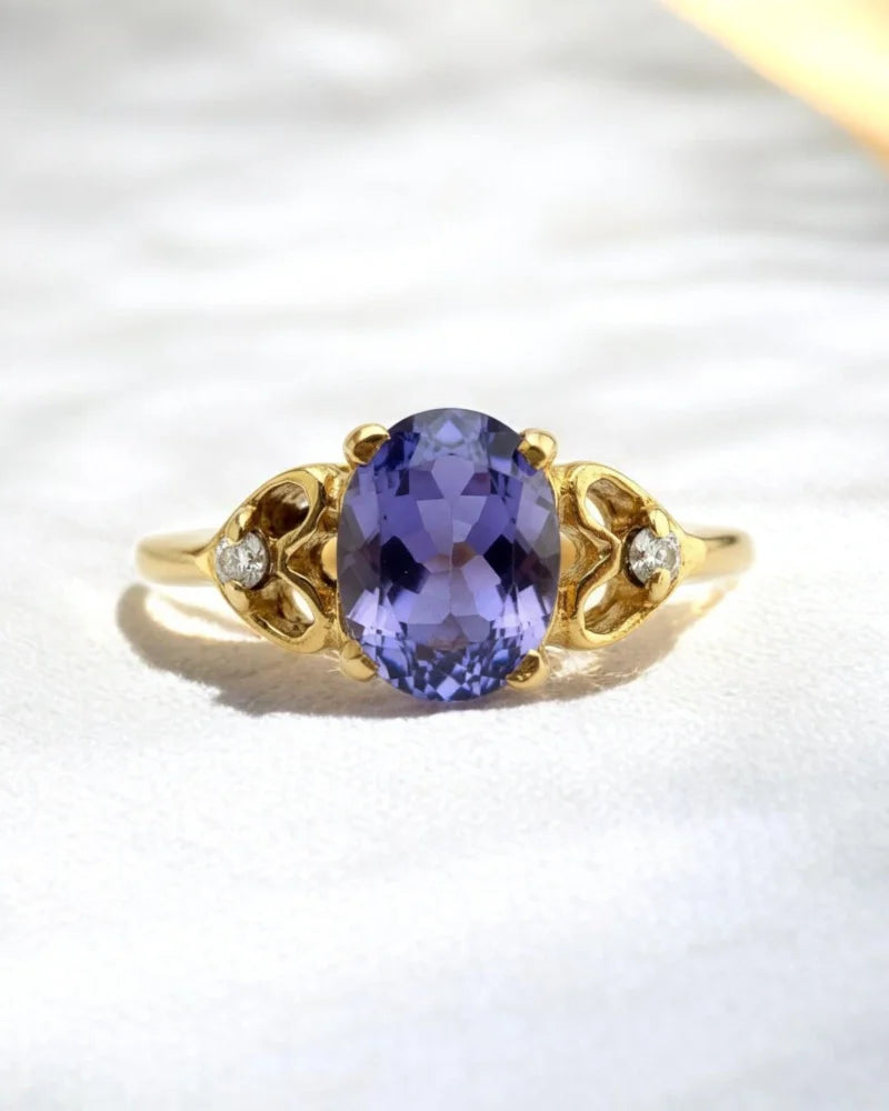 Vintage Tanzanite & Diamond Ring with Heart Gallery - 10K Gold - Free shipping - 2