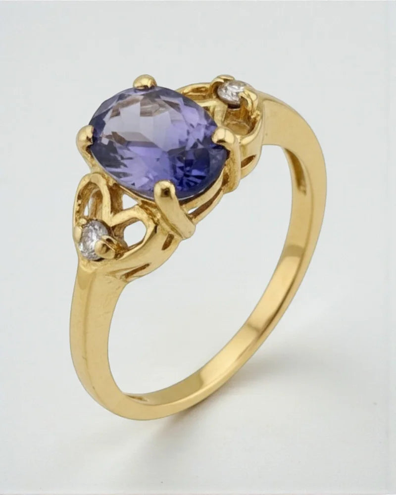 Vintage Tanzanite & Diamond Ring with Heart Gallery - 10K Gold - Free shipping - 4