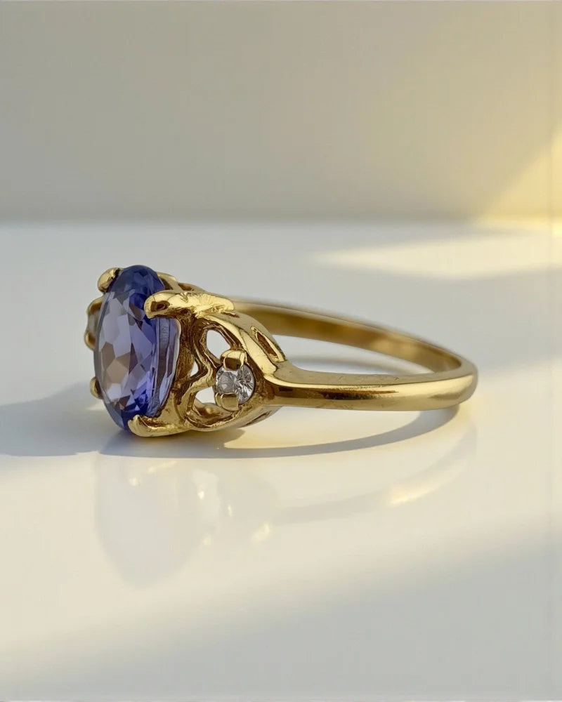 Vintage Tanzanite & Diamond Ring with Heart Gallery - 10K Gold - Free shipping - 3