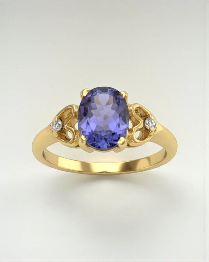 Vintage Tanzanite & Diamond Ring with Heart Gallery - 10K Gold - Free shipping - 1